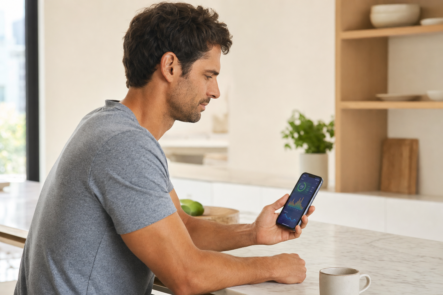 Athletic man reviewing health data on his phone in a bright kitchen